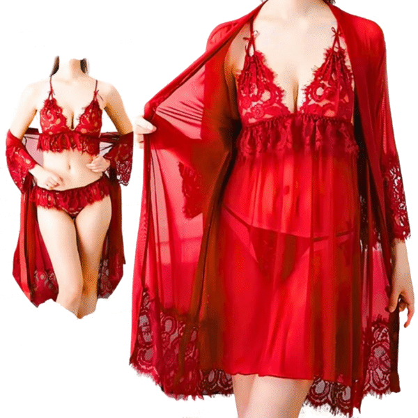 Stylish Red Net Nighty Three Piece (Branded)